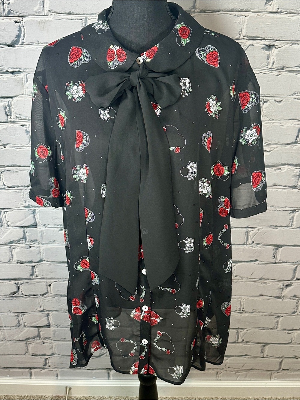 Hell Bunny Blooming Elle Blouse Floral 2X US22 Sheer Black Chiffon Retro Goth